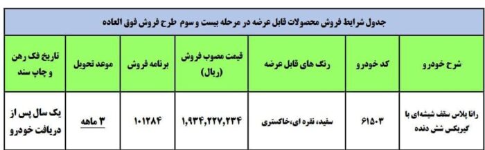 t3 1632387042 عح - آغاز فروش فوق العاده رانا پلاس با سقف شیشه ای +جدول فروش - رانا