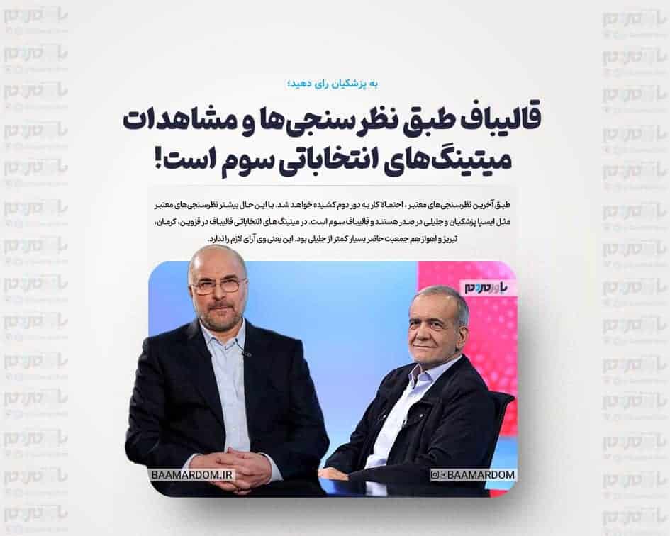 قالیباف طبق نظرسنجی‌ها و مشاهدات میتینگ‌های انتخاباتی سوم است! به پزشکیان رای دهید