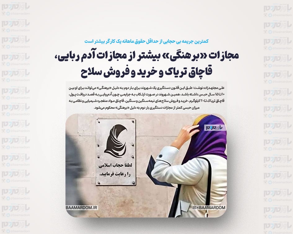مجازات «برهنگی» بیشتر از مجازات آدم ربایی، قاچاق تریاک و خرید و فروش سلاح/ کمترین جریمه بی حجابی از حداقل حقوق ماهانه یک کارگر بیشتر است
