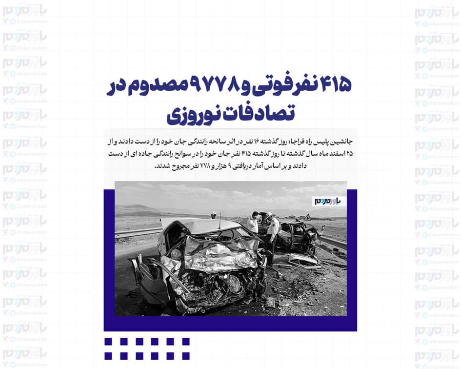 ۴۱۵ نفر فوتی و ۹۷۷۸ مصدوم در تصادفات نوروزی