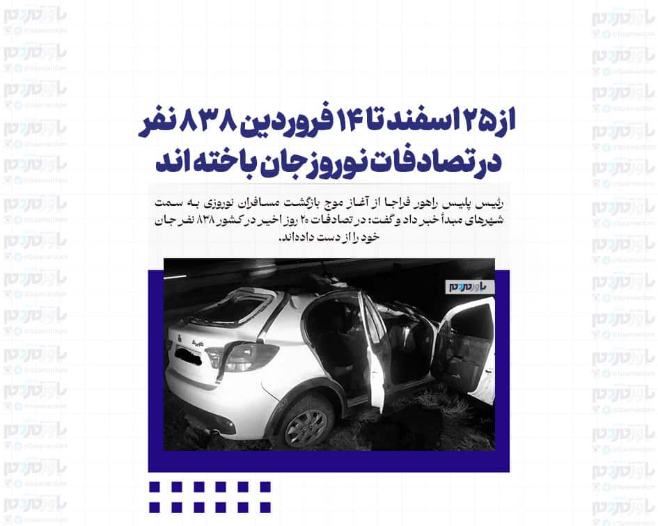 از ۲۵ اسفند تا ۱۴ فروردین ۸۳۸ نفر در تصادفات نوروز جان باخته اند