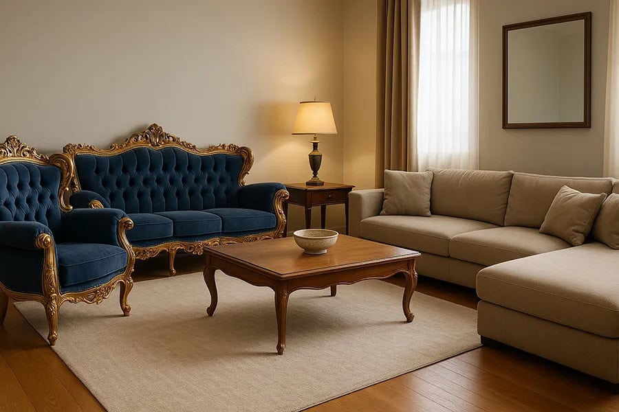 چیدمان مبل سلطنتی و راحتی در پذیرایی مربع
