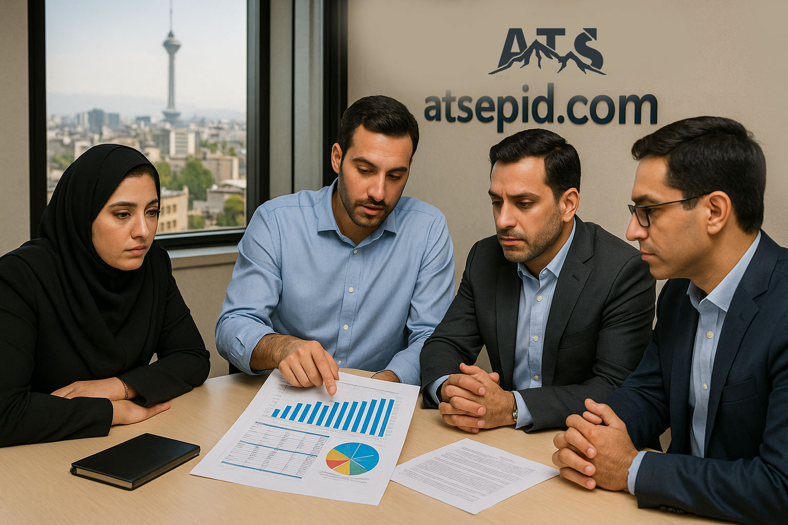 A group of people sitting around a table looking at a graph
