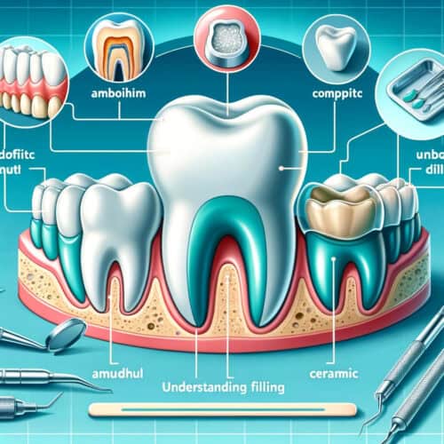 DALL·E 2023 11 23 21.39.37 An educational image illustrating the concept of Understanding Dental Fillings. The image should depict different types of dental fillings materials - راهنمای جامع ایمپلنت دندان: از تکنولوژی دیجیتال تا روش‌های سنتی -