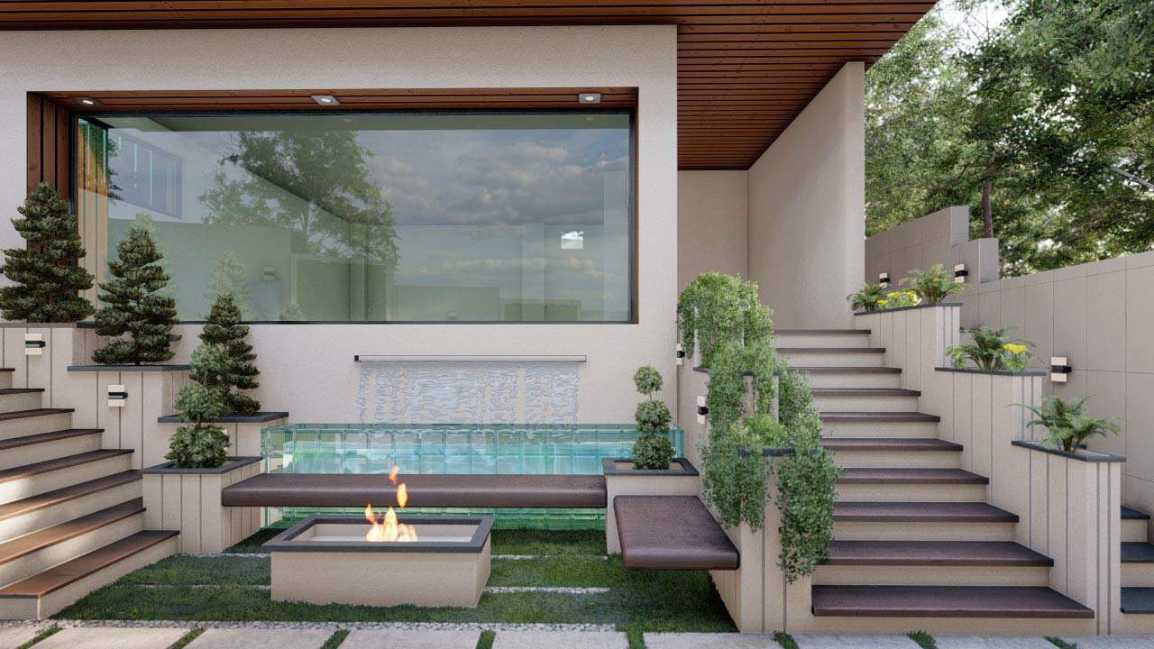 طراحی نشیمن و آبنمای ویلا تنکابن