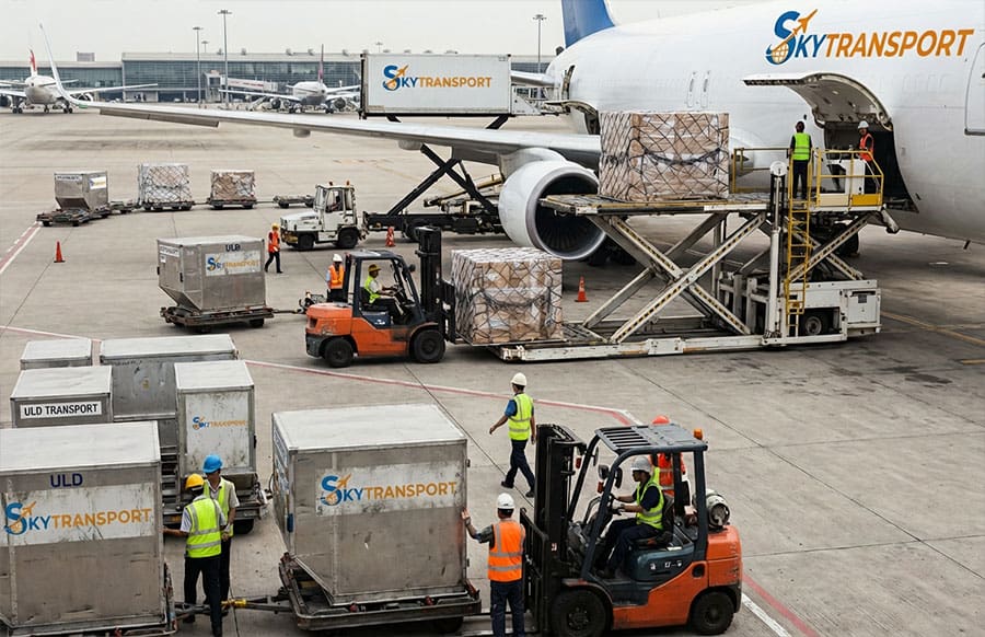 A group of people loading cargo onto an airplaneAI-generated content may be incorrect.