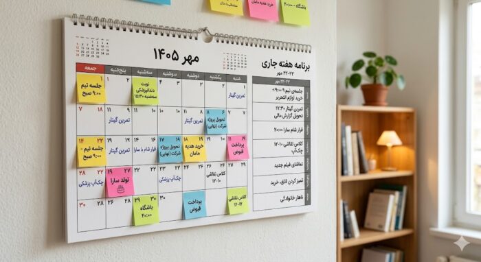 تقویم دیواری با یادداشت‌های رنگی و برنامه هفته - چرا داشتن برنامه هفتگی زندگی را متحول می‌کند؟ - برنامه ریزی